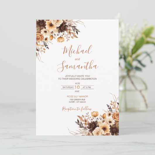 Fall Rustikale Braun und Elfenbeinküste Rose Hochz Einladung (Stehend Vorderseite)