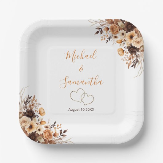 Fall Rustikale Braun und Elfenbeinküste Rose Hochz Pappteller (Vorderseite)