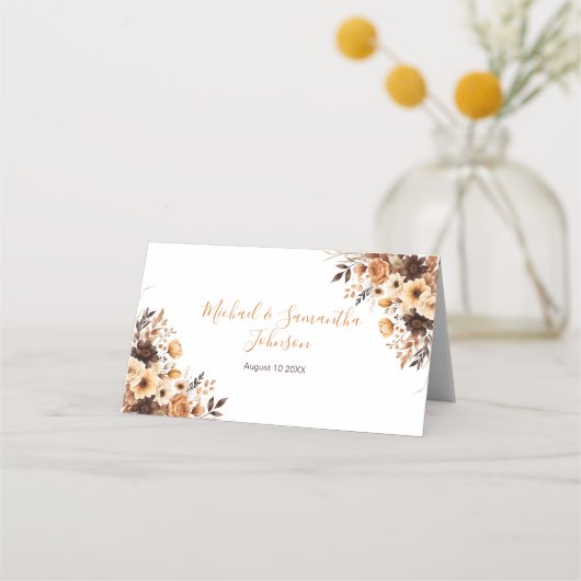 Fall Rustikale Braun und Elfenbeinküste Rose Hochz Platzkarte (Vorderseite)