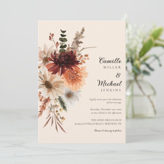 Fall Rustikale Floral Boho Hochzeit Einladung (Stehend Vorderseite)
