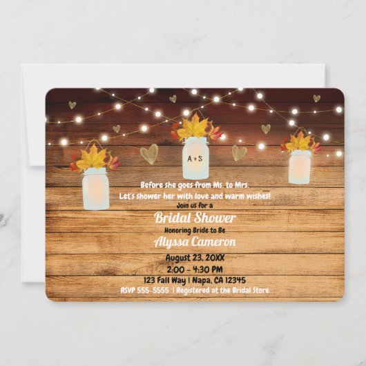 Fall Rustikale Holzleuchten & Mason Jar Brautparty Einladung (Vorderseite)