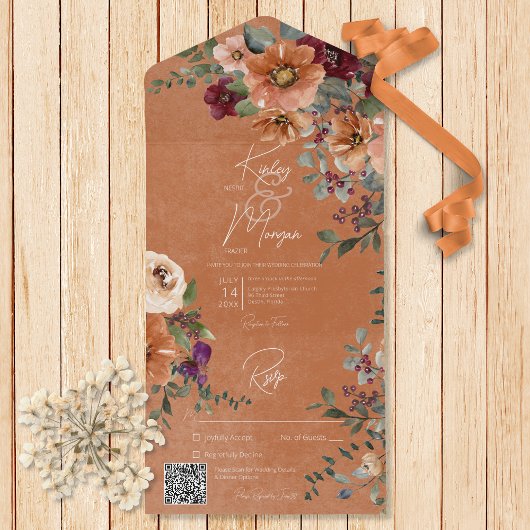 Fall Rustikaler Rost & Wein Blumenrost QR-Code All In One Einladung