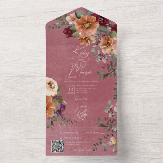 Fall Rustikaler Rost & Wein Weinflora QR-Code All In One Einladung (Innen Boden)