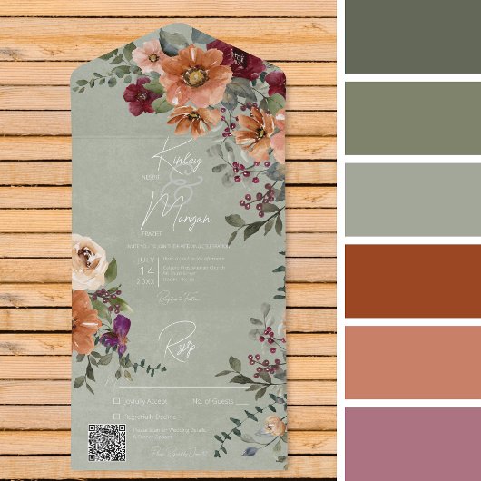 Fall Rustikaler Rust & Wine Blumenkode QR All In One Einladung