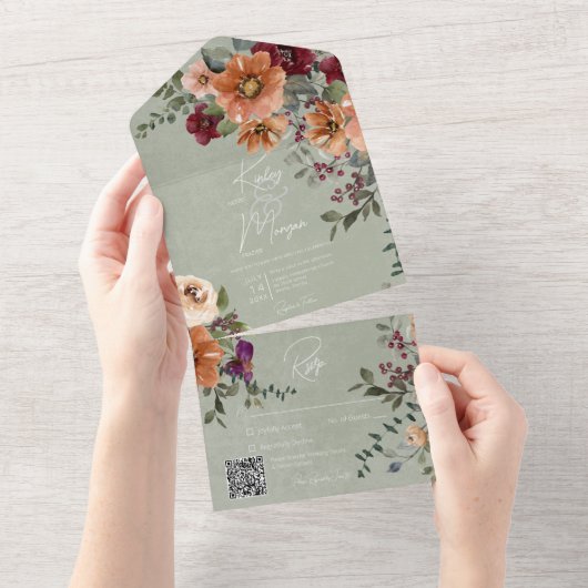 Fall Rustikaler Rust & Wine Blumenkode QR All In One Einladung (Abreißen)