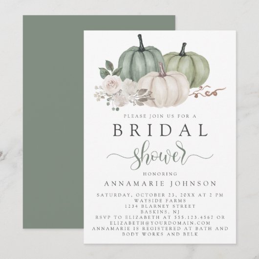 Fall Sage Green und White Pumpkin Floral Bridal Einladung (Vorne/Hinten)