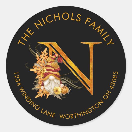 Fall-Saison-Gnome-Monogram-Buchstaben-N-Adressetik Runder Aufkleber (Vorderseite)