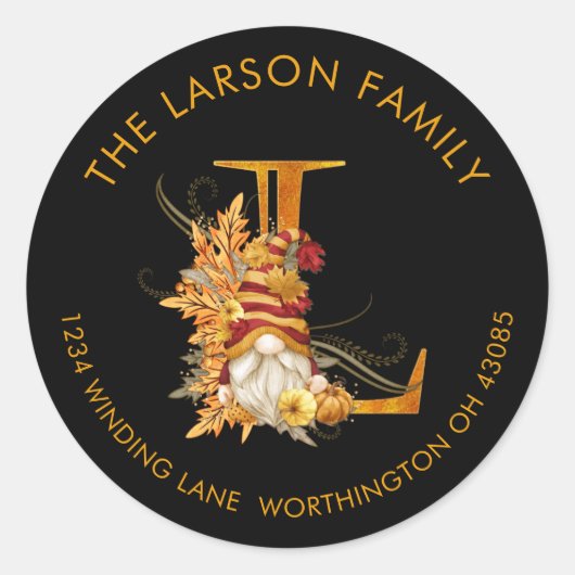 Fall-Saison-Gnome-Monogram-L-Adressetikett Runder Aufkleber (Vorderseite)