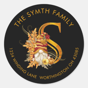 Fall-Saison-Gnome-Monogram-Letter-S-Adresse Runder Aufkleber