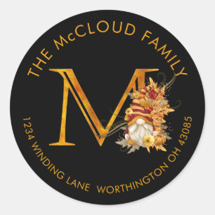 Fall-Saison-Gnome-Monogramm-Buchstaben M-Adressena Runder Aufkleber