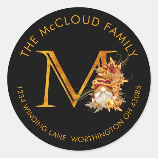 Fall-Saison-Gnome-Monogramm-Buchstaben M-Adressena Runder Aufkleber (Vorderseite)