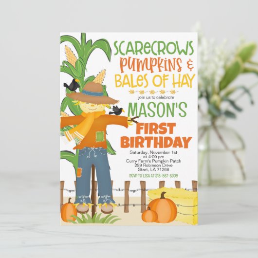 Fall Scarecrow Pumpkin Boy Geburtstag Einladung (Stehend Vorderseite)