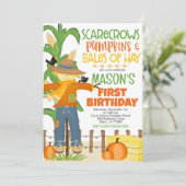 Fall Scarecrow Pumpkin Boy Geburtstag Einladung (Stehend Vorderseite)
