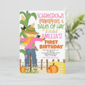 Fall Scarecrow Pumpkin Girl Geburtstag Einladung (Stehend Vorderseite)