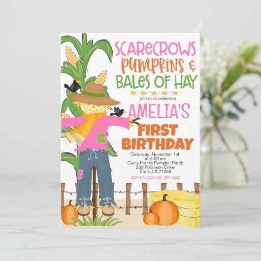 Fall Scarecrow Pumpkin Girl Geburtstag Einladung (Stehend Vorderseite)
