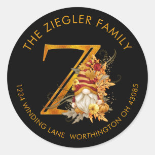 Fall Season Gnome Monogram Letter Z Address Label Runder Aufkleber