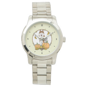 Fall Sibirischer Husky (rot) Pumpkins Blätter Nied Armbanduhr