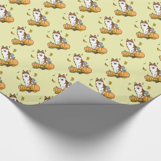Fall Sibirischer Husky (rot) Pumpkins Blätter Nied Geschenkpapier (Ecke)