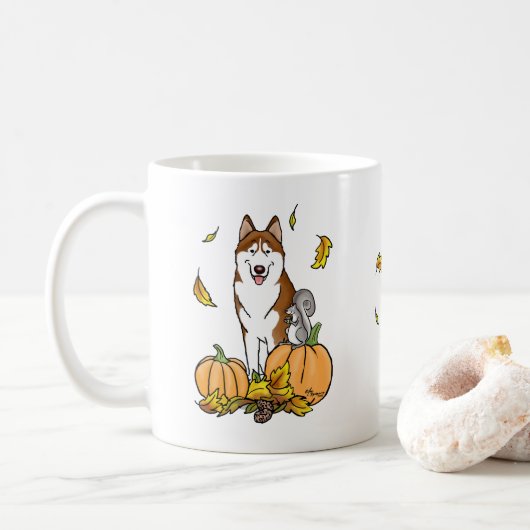 Fall Sibirischer Husky (rot) Pumpkins Blätter Nied Kaffeetasse (Mit Donut)