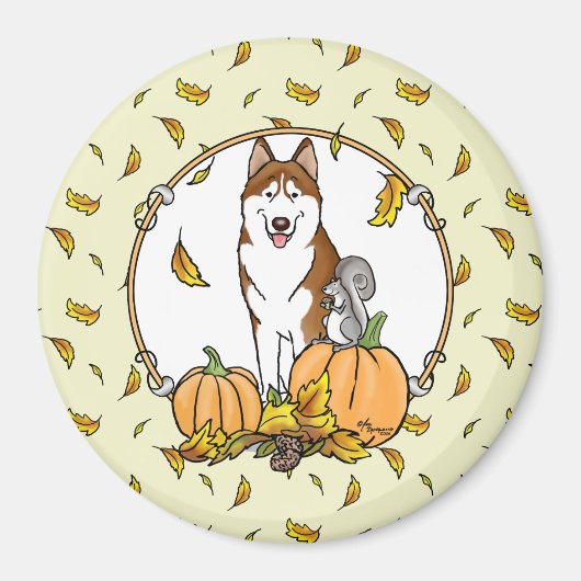Fall Sibirischer Husky (rot) Pumpkins Blätter Nied Magnet (Vorne)