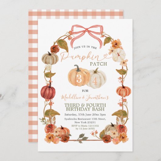 Fall Siblings Pumpkin Patch Gingham Birthday Einladung (Vorne/Hinten)