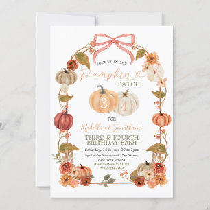 Fall Siblings Pumpkin Patch Gingham Birthday Einladung