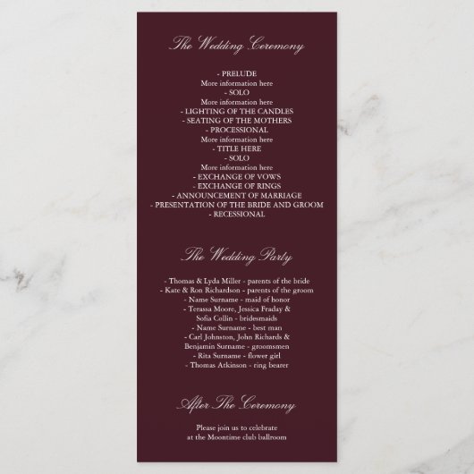 Fall Silver und Burgund Blätter Hochzeitsprogramme Programm (Rückseite)