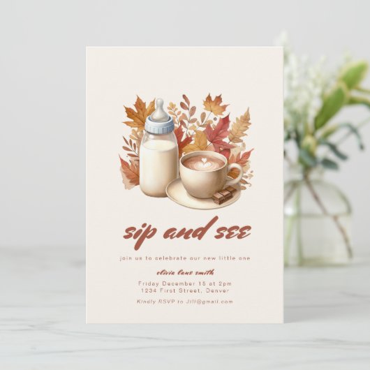 Fall Simple Sip and See Baby Shower Einladung (Stehend Vorderseite)