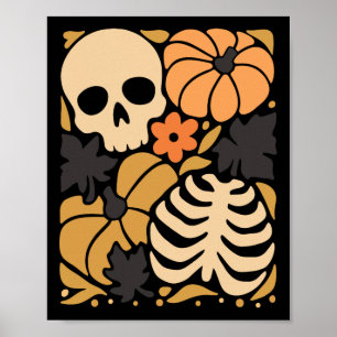 Fall Skeleton Pumpkin Floral Folkehl Halloween Poster