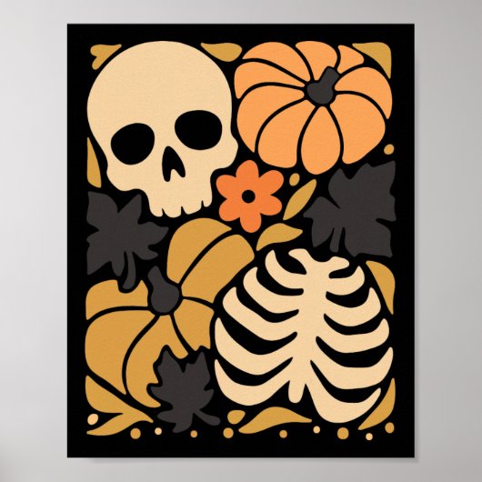 Fall Skeleton Pumpkin Floral Folkehl Halloween Poster (Vorne)