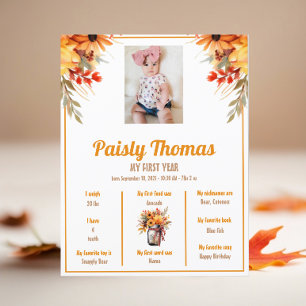 Fall Sonnenblume 1. Geburtstag Meilenstein Poster