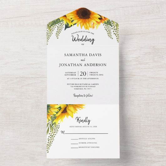 Fall Sonnenblumen & Grüne Foliage Hochzeit All In One Einladung (Innen Boden)