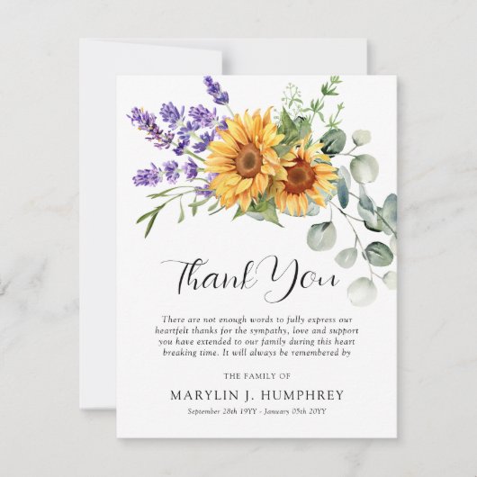 Fall Sonnenblumen, Lavendel und Eukalyptus-Beileid Dankeskarte (Vorderseite)
