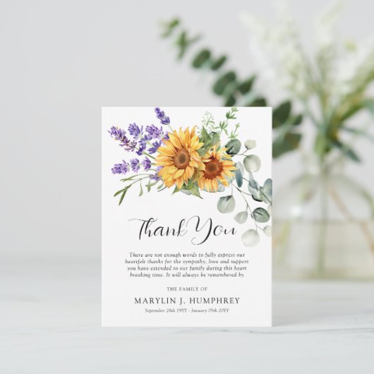 Fall Sonnenblumen, Lavendel und Eukalyptus-Beileid Dankeskarte (Stehend Vorderseite)
