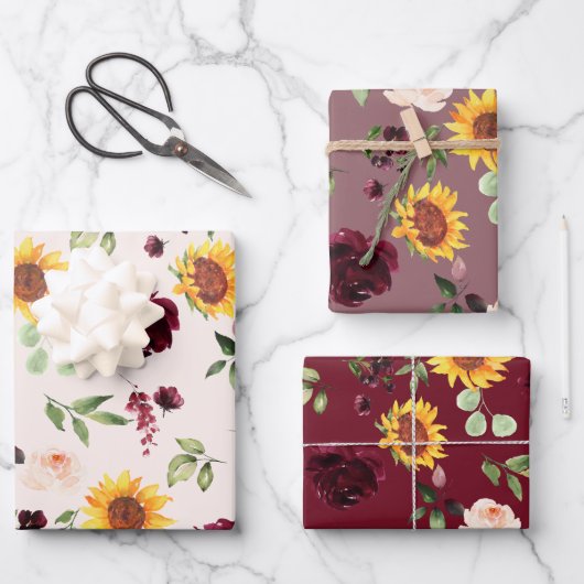 Fall Sonnenblumen und Burgunder Rose Brautparty Geschenkpapier Set (Vorderseite)