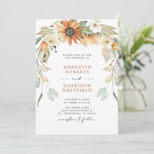 Fall Sonnenblumen Wreath QR Code UAWG Herbsthochze Einladung (Stehend Vorderseite)