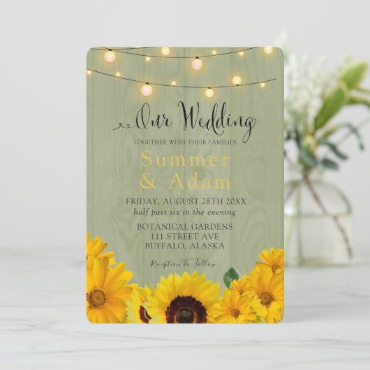 Fall Sonnenblumen zacken Holz Lichter unsere Hochz Einladung (Stehend Vorderseite)