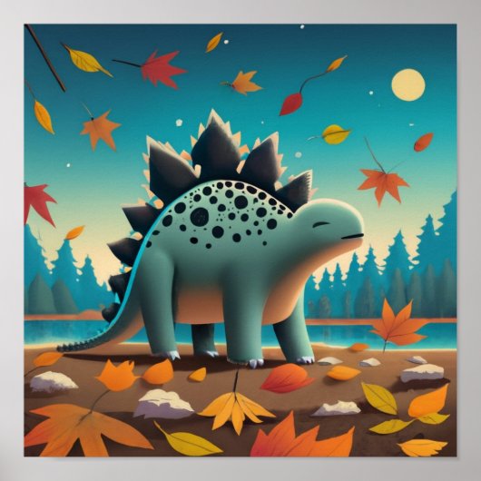 Fall Stegosaurus mit Blätter: Niedliche Wall Art Poster (Vorne)