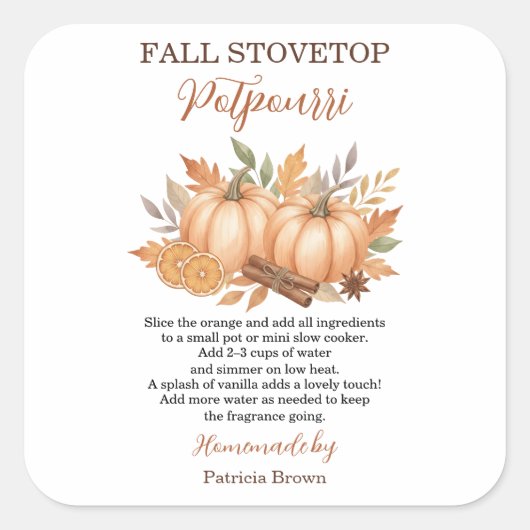 Fall Stovetop Potpourri Recipe Pumpkin Quadratischer Aufkleber (Vorderseite)