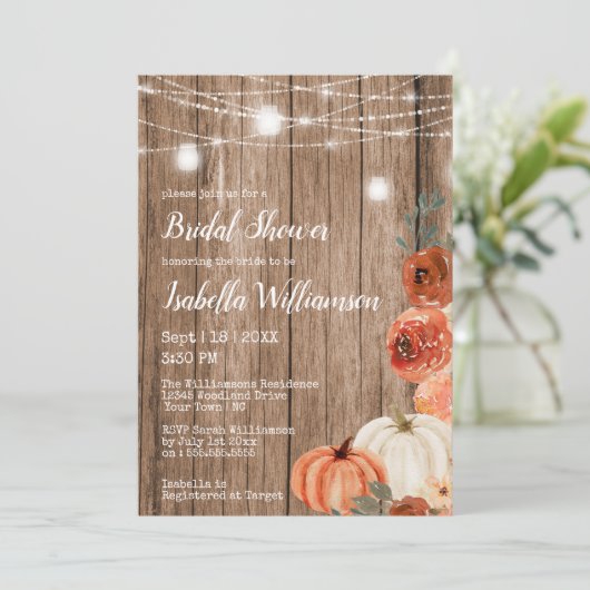 Fall String of Lights & Mason Jar Brautparty Einladung (Stehend Vorderseite)