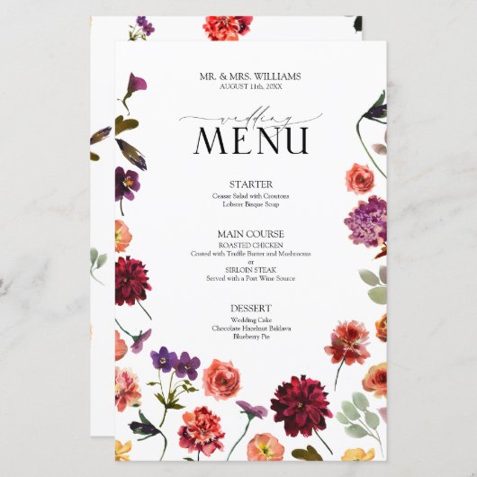 Fall Summer Garden Burnt Orange Wedding Menü (Vorne/Hinten)