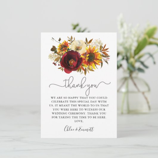 Fall Sunflower Burgundy Blumenhochzeit Dankeskarte (Stehend Vorderseite)