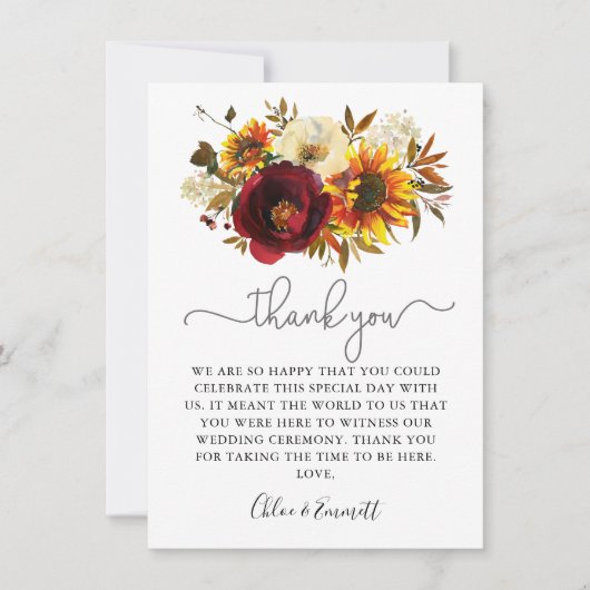 Fall Sunflower Burgundy Blumenhochzeit Dankeskarte (Vorderseite)