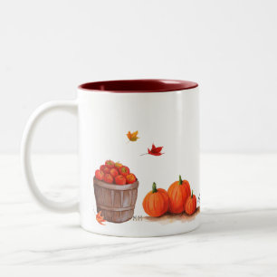 Fall-Tag mit Kürbis-Blätter-Äpfeln und Rührstange Zweifarbige Tasse