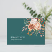 Fall Teal Watercolor Terracotta Floral wedding Dankeskarte (Stehend Vorderseite)