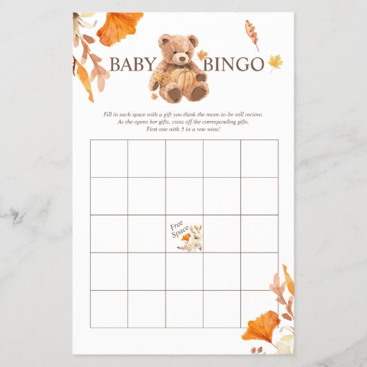 Fall Teddy Bear BINGO Babydusche Flyer (Vorne)
