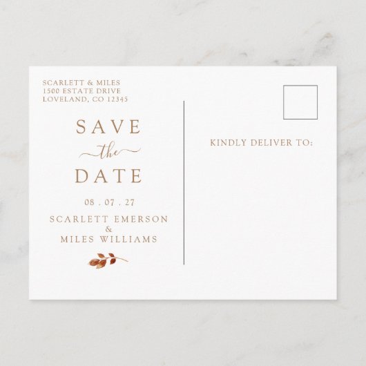 Fall Terracotta Blätter Foto Save the Date Ankündigungspostkarte (Rückseite)