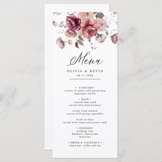 Fall Terracotta Burgundy Große Blumenhochzeit Menükarte (Vorne/Hinten)