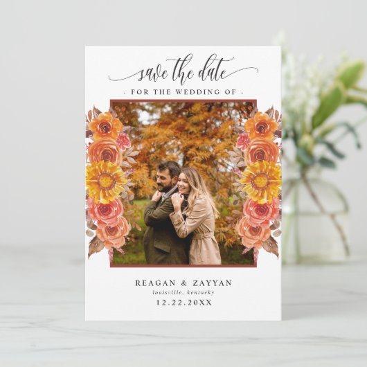Fall Terracotta Floral Foto Save the Date (Stehend Vorderseite)