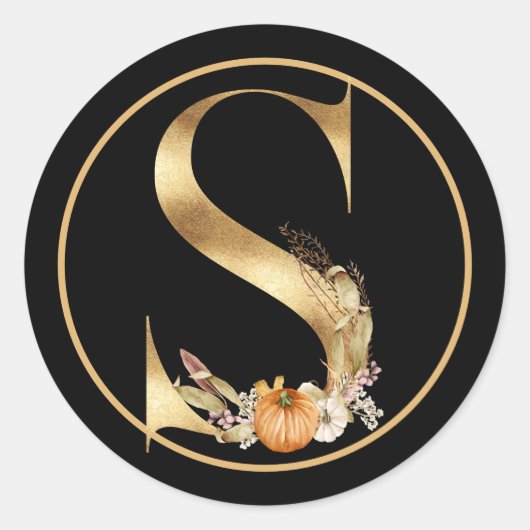 FALL THEMA GOLD MONOGRAM S MIT PUMPKINS RUNDER AUFKLEBER (Vorderseite)